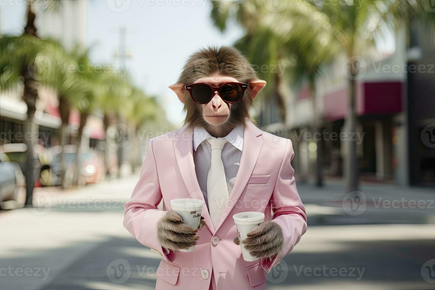 ai gerado uma macaco é vestindo oculos de sol, terno e em pé em rua. ai gerado foto