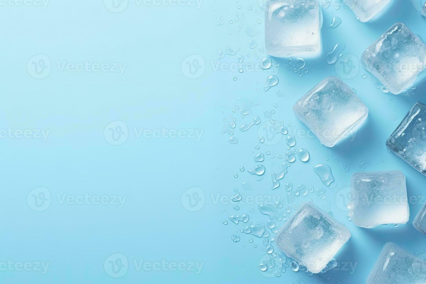 ai gerado cubos do gelo e gotas estão isolado em a azul fundo com esvaziar espaço. ai gerado foto
