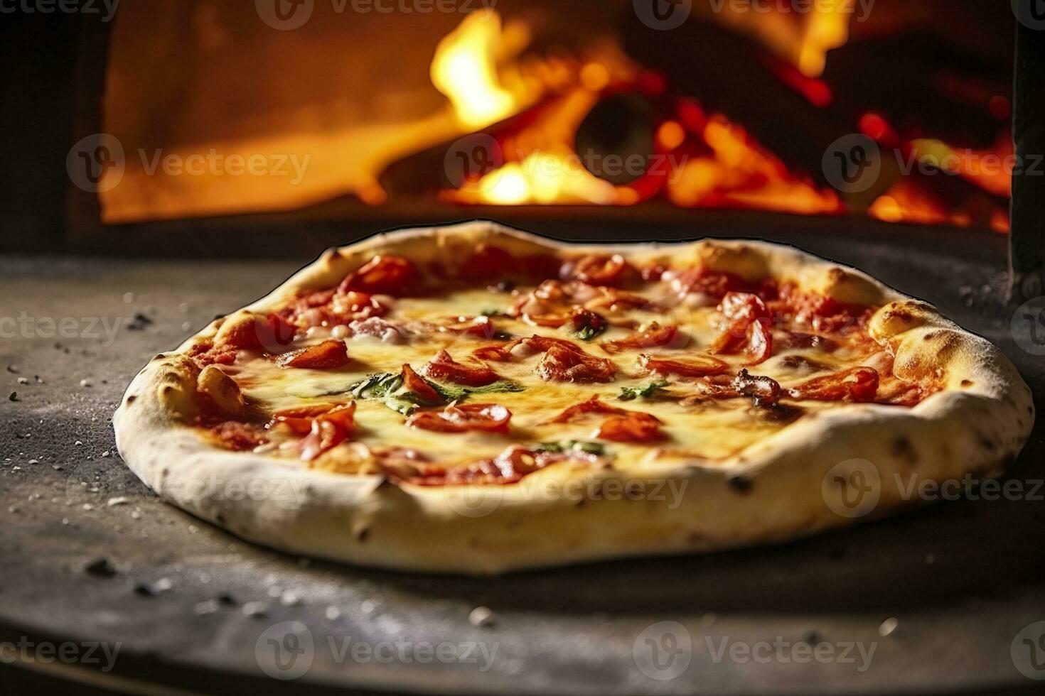 ai gerado recentemente cozido pizza fechar-se, tradicional madeira disparamos forno fundo. ai gerado foto