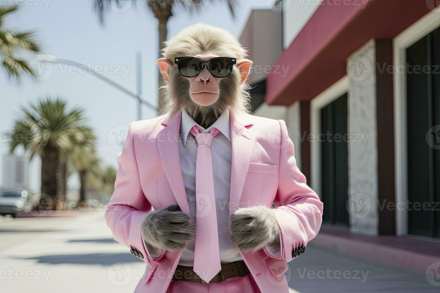 ai gerado uma macaco é vestindo oculos de sol, terno e em pé em rua. ai gerado foto