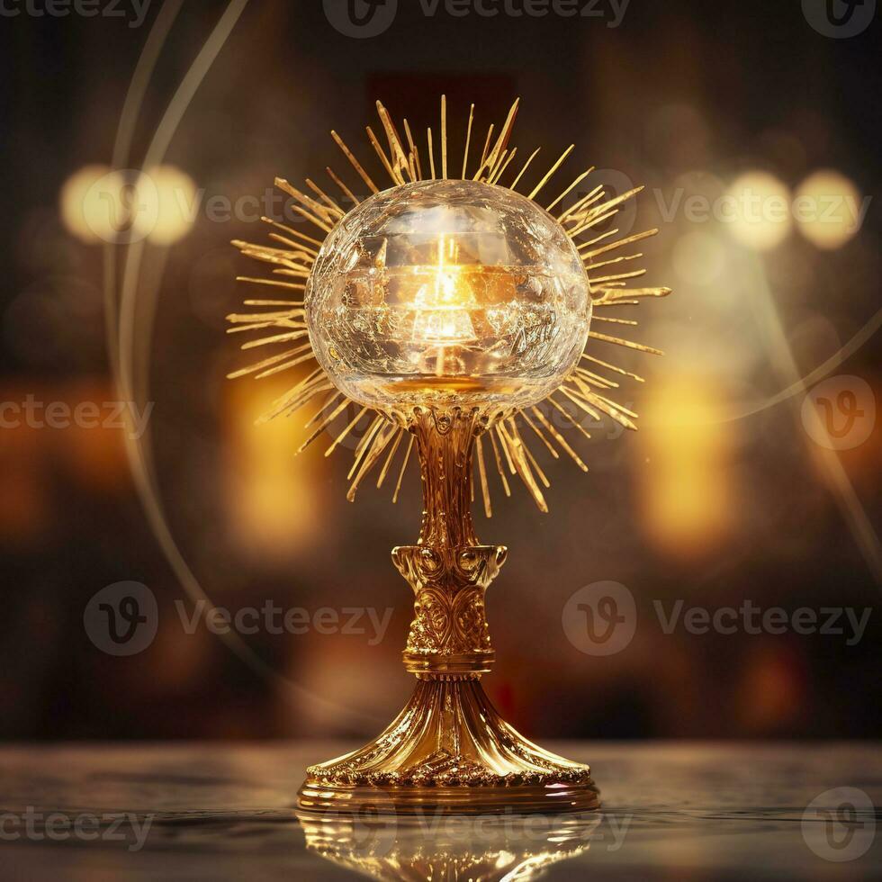 ai gerado a dourado ostensório com uma pequeno transparente cristal Centro, consagrado hospedar. Igreja desfocado fundo. ai generativo foto