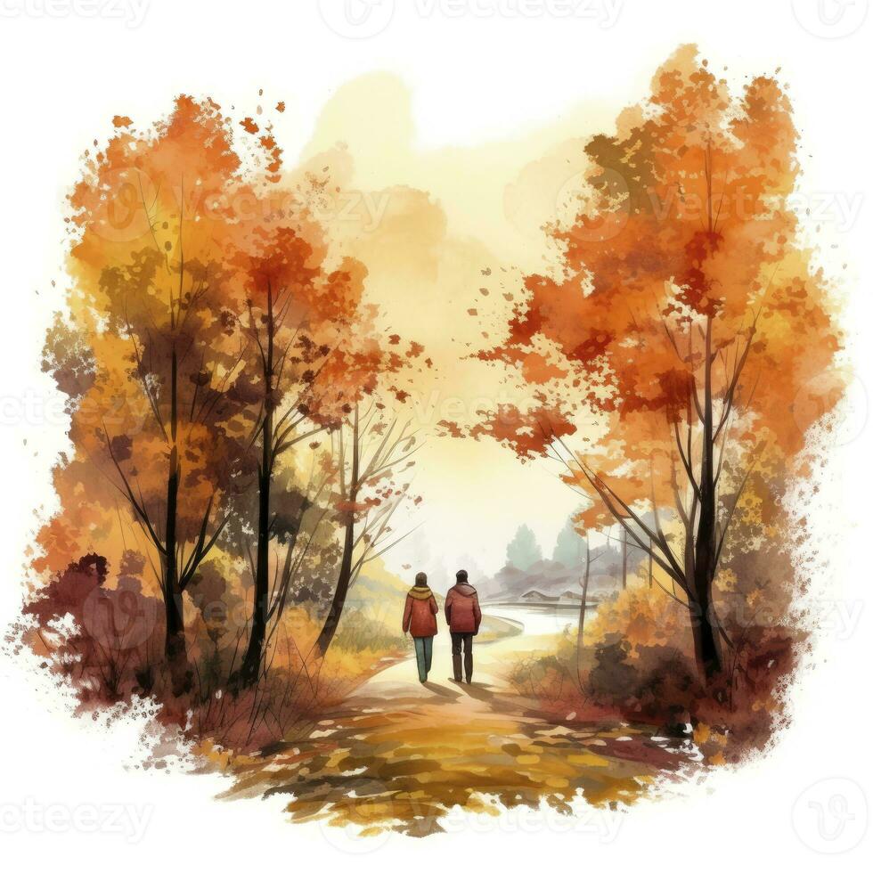 ai gerado aguarela outono panorama com uma casal andando. ai gerado foto