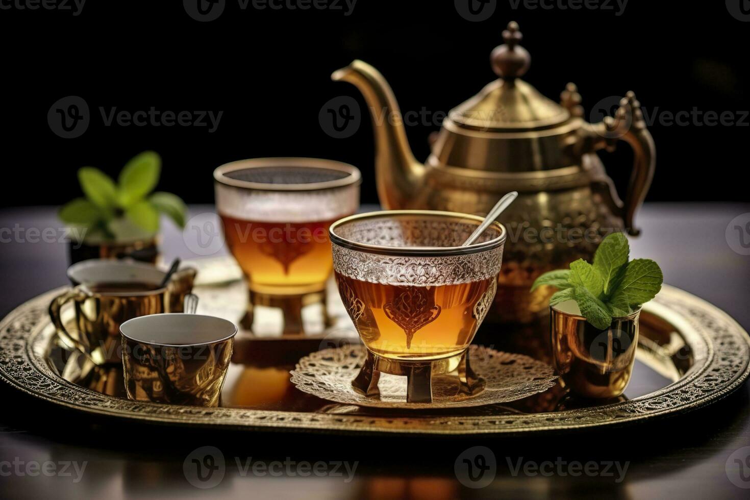 ai gerado tradicional marroquino chá conjunto com decorativo bules, copos, e hortelã folhas. generativo ai foto