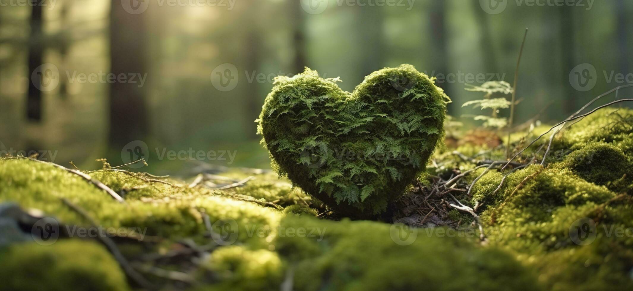 ai gerado fechar-se do de madeira coração em musgo. natural enterro sepultura dentro a madeiras. generativo ai foto