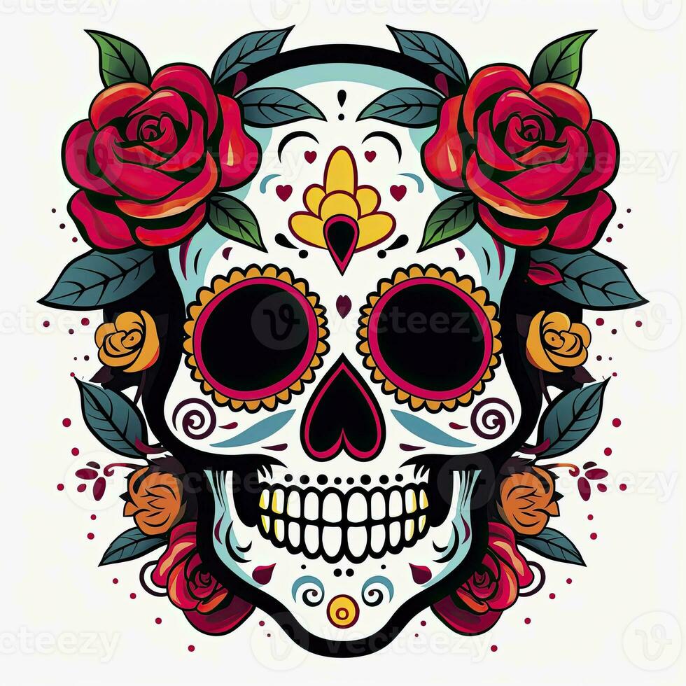 ai gerado mexicano rosas crânio. mexicano rosas crânio. dia de los muertos shugar colorida cabeça. ai gerado foto