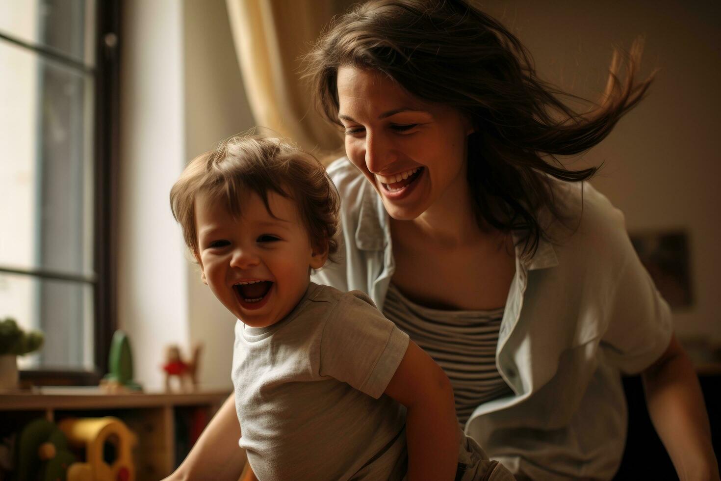 ai gerado feliz mãe e dela filho jogando juntos às casa dentro a vivo sala, abraço dentro casa e final de semana jogar Tempo estilo de vida para mãe pai, ai gerado foto