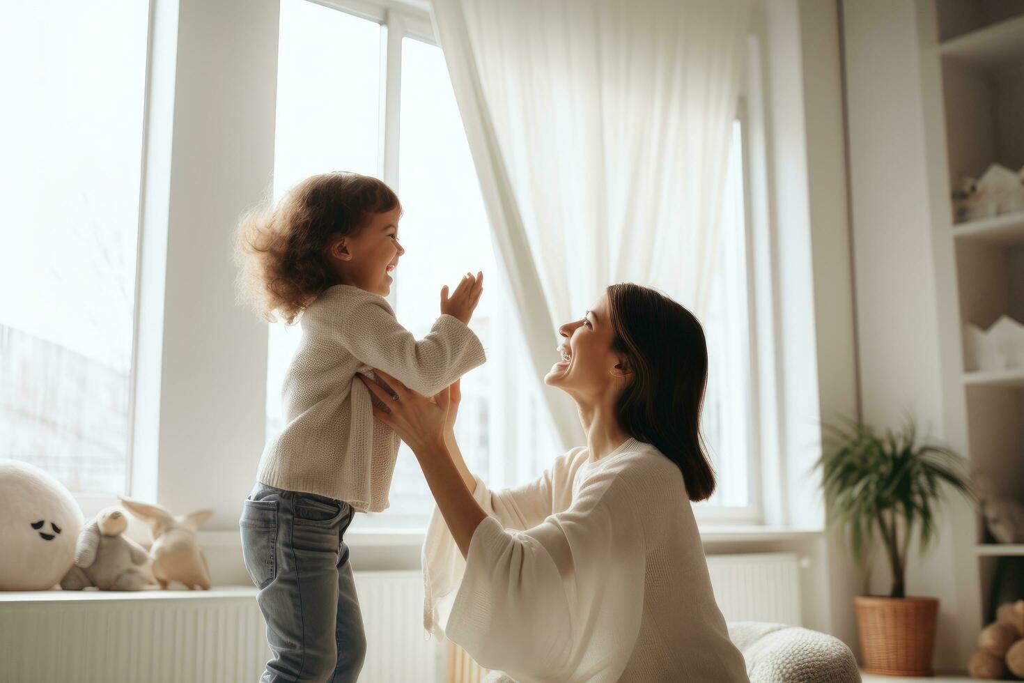 ai gerado feliz mãe e filha jogando juntos às lar. maternidade conceito, abraço dentro casa e final de semana jogar Tempo estilo de vida para mãe pai, ai gerado foto