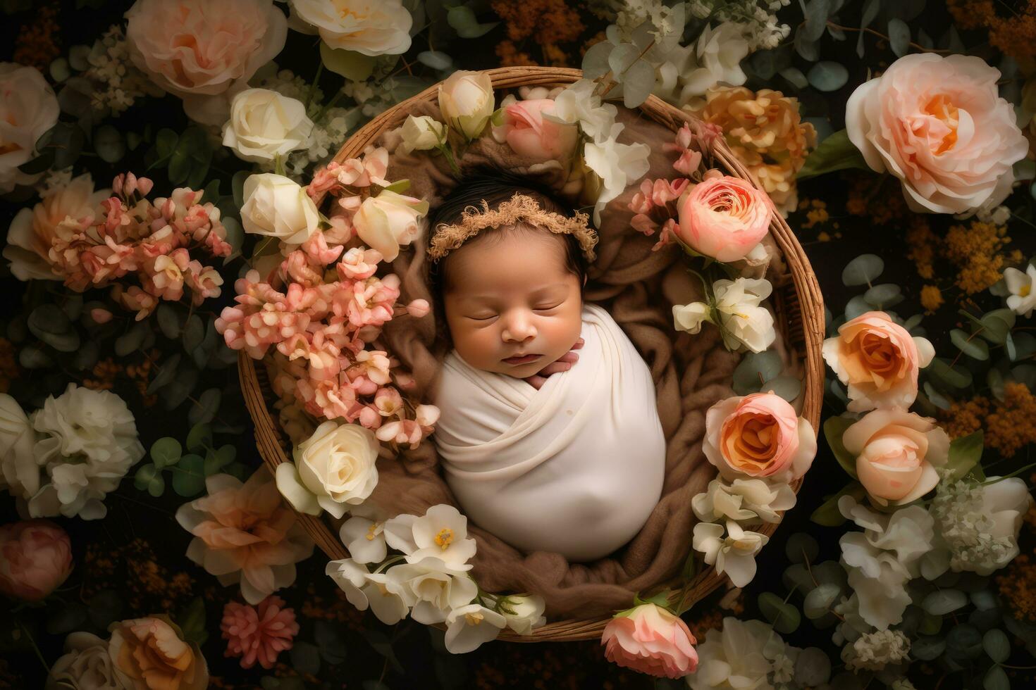 ai gerado recém-nascido bebê dentro uma cesta cercado com flores foto