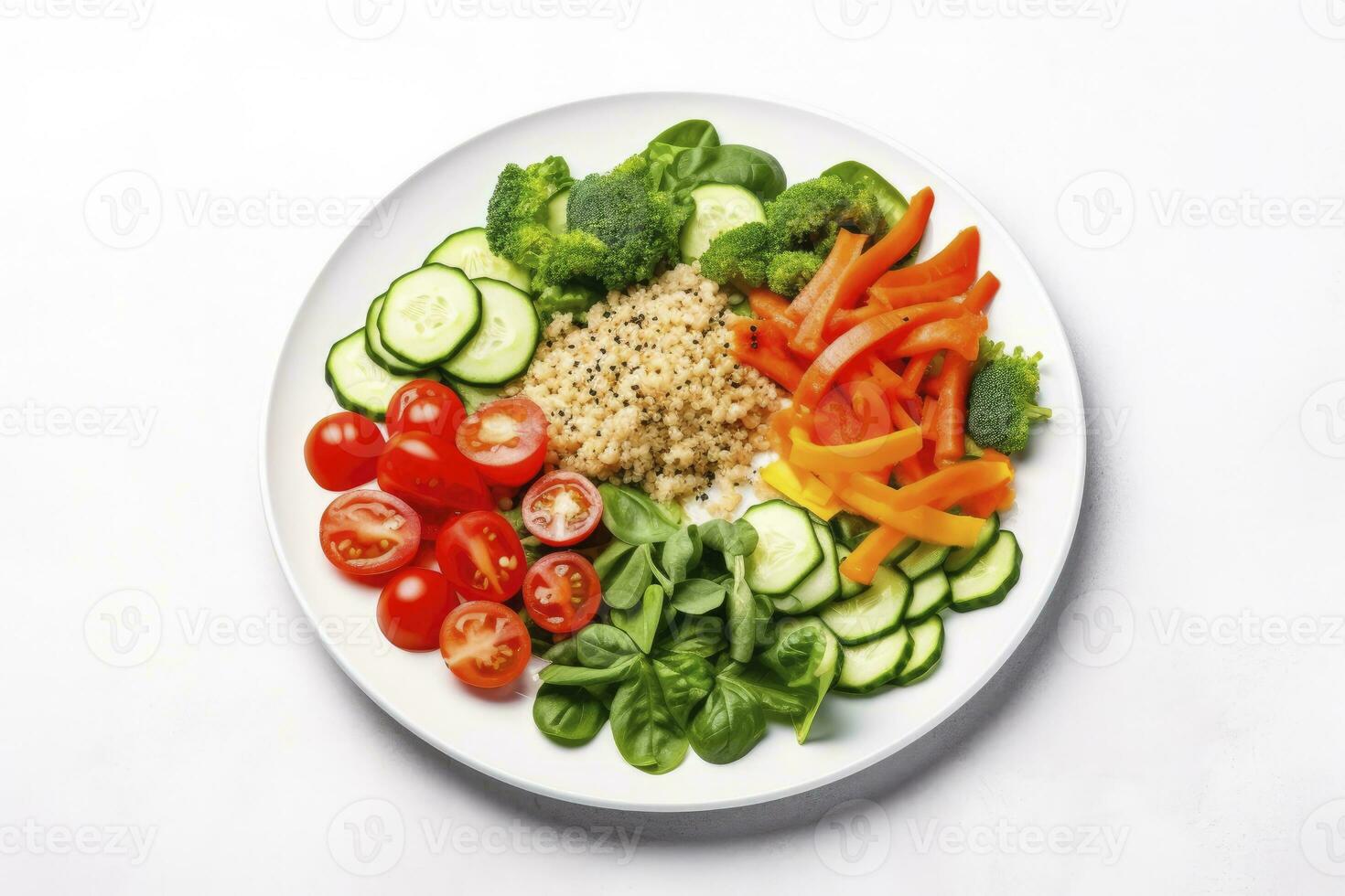 ai gerado salada com Quinoa, espinafre, brócolis, tomates, pepinos e cenouras. ai gerado foto