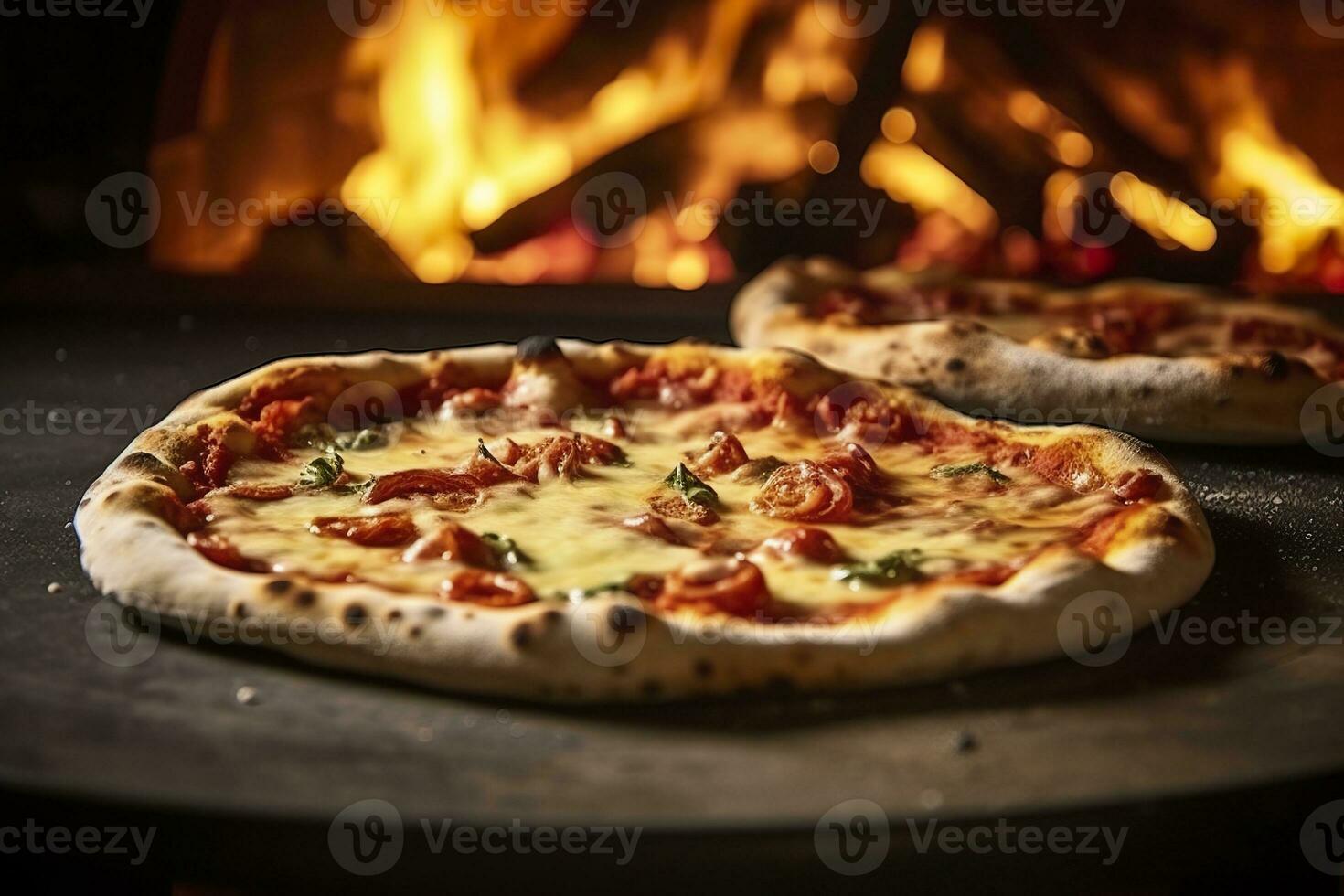 ai gerado recentemente cozido pizza fechar-se, tradicional madeira disparamos forno fundo. ai gerado foto