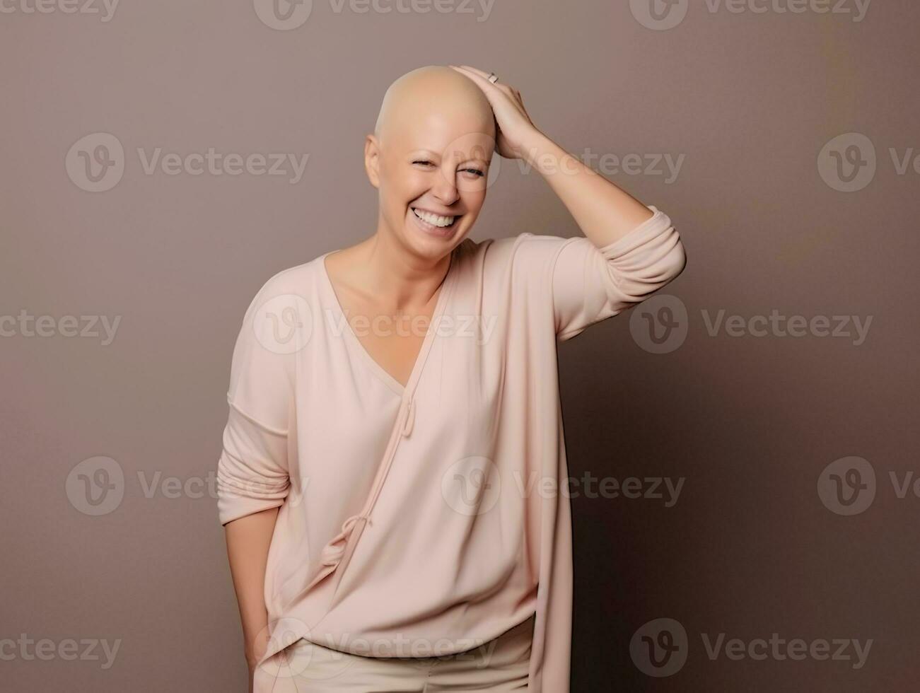 ai gerado retrato do caucasiano Careca mulher, alopecia e Câncer consciência foto