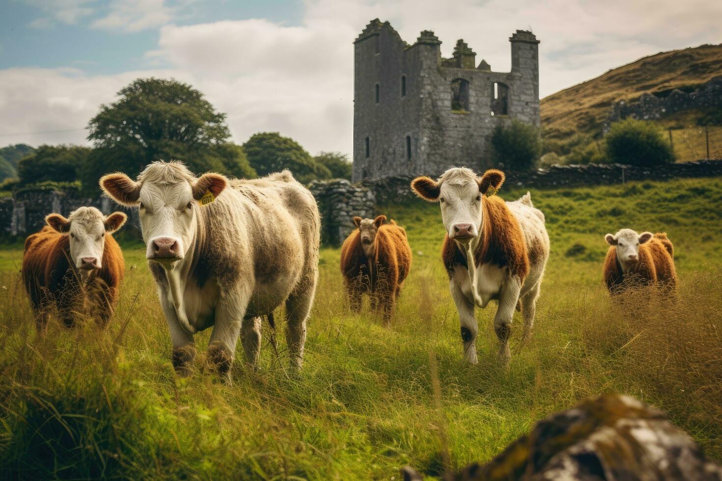 ai gerado vacas dentro frente do uma castelo dentro a yorkshire vales, Irlanda gado Fazenda com vaca família retrato, ai gerado foto