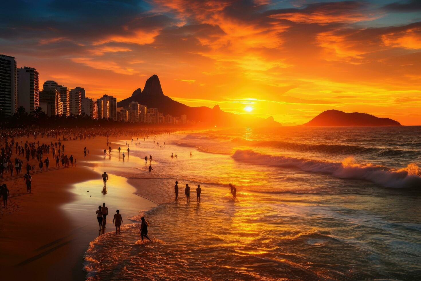 ai gerado lindo pôr do sol às Copacabana praia, rio de janeiro, brasil, ipanema de praia dentro rio de janeiro em uma linda pôr do sol, ai gerado foto