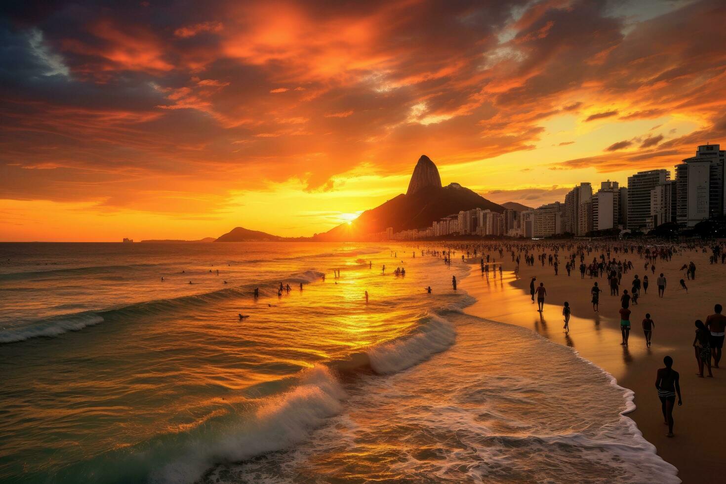 ai gerado lindo pôr do sol às Copacabana praia, rio de janeiro, brasil, ipanema de praia dentro rio de janeiro em uma linda pôr do sol, ai gerado foto