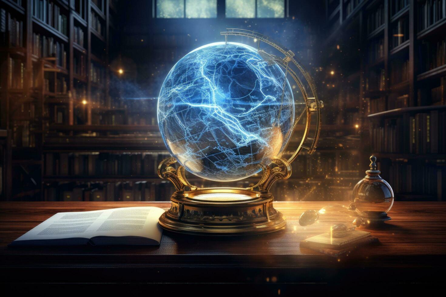 ai gerado Magia cristal bola com relâmpago e livros em Sombrio fundo. 3d Renderização, intelectual propriedade direito autoral para protegido por direitos autorais material, ai gerado foto