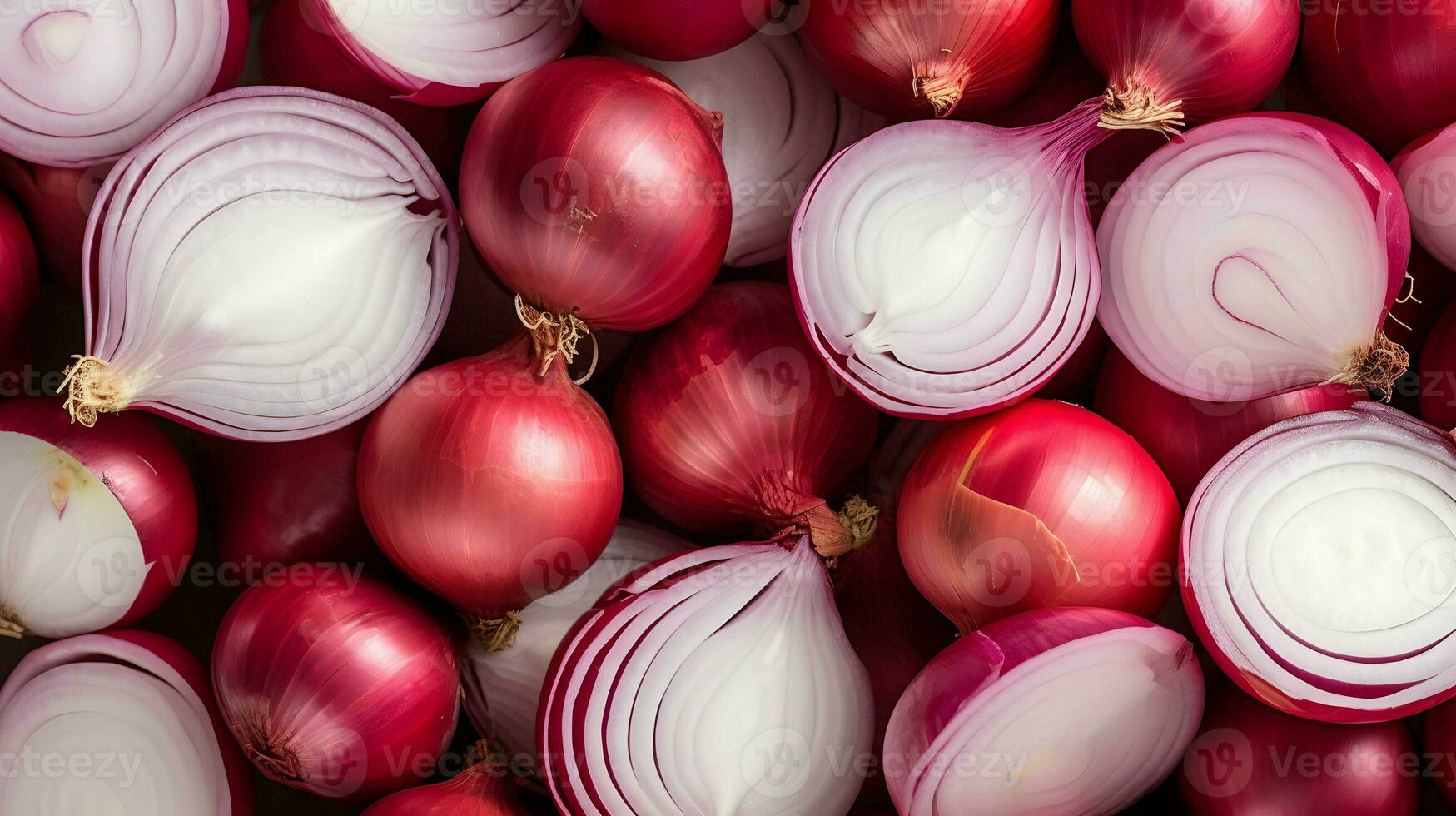 ai gerado grande quantidade do fatiado vermelho cebolas em volta. vegetal fundo. alta resolução. ai generativo foto