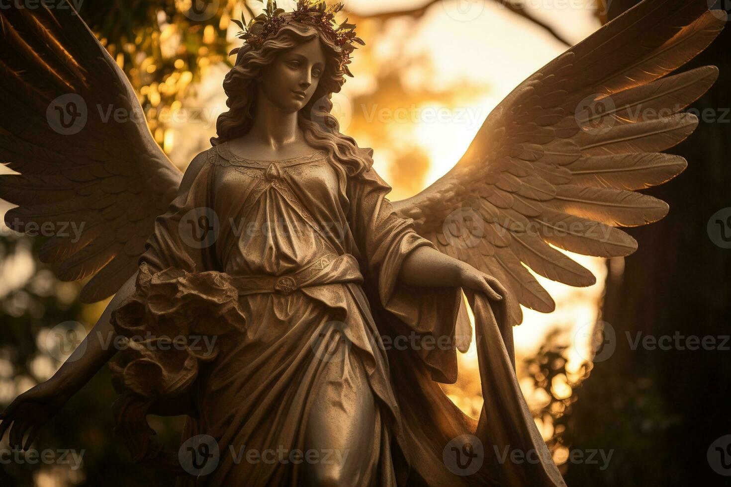 ai gerado dourado anjo estátua dentro uma cemitério dentro uma ensolarado dia foto