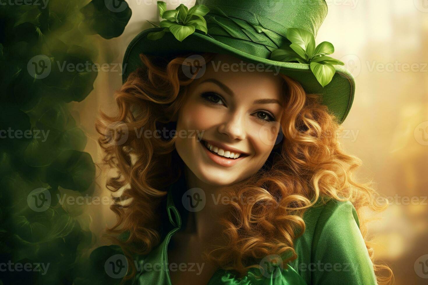 ai gerado st. patrick's dia. retrato do uma lindo jovem mulher vestindo uma duende chapéu. foto