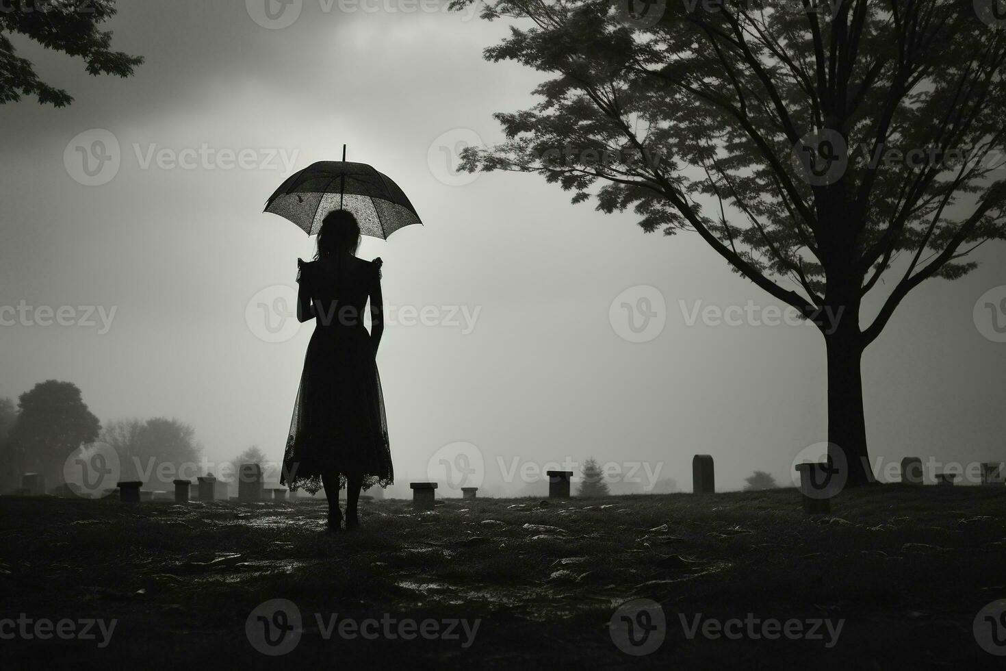 ai gerado lindo jovem mulher com guarda-chuva dentro a cemitério foto