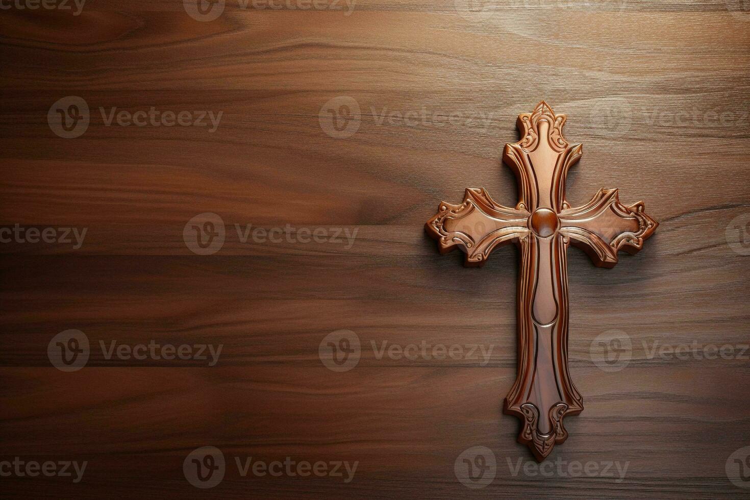 ai gerado de madeira cristão Cruz em uma de madeira plano de fundo.cristão religião conceito. foto