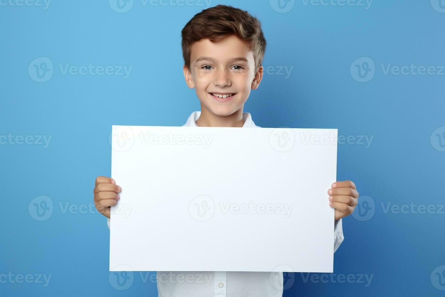 ai gerado pequeno Garoto segurando uma em branco branco Folha do papel foto