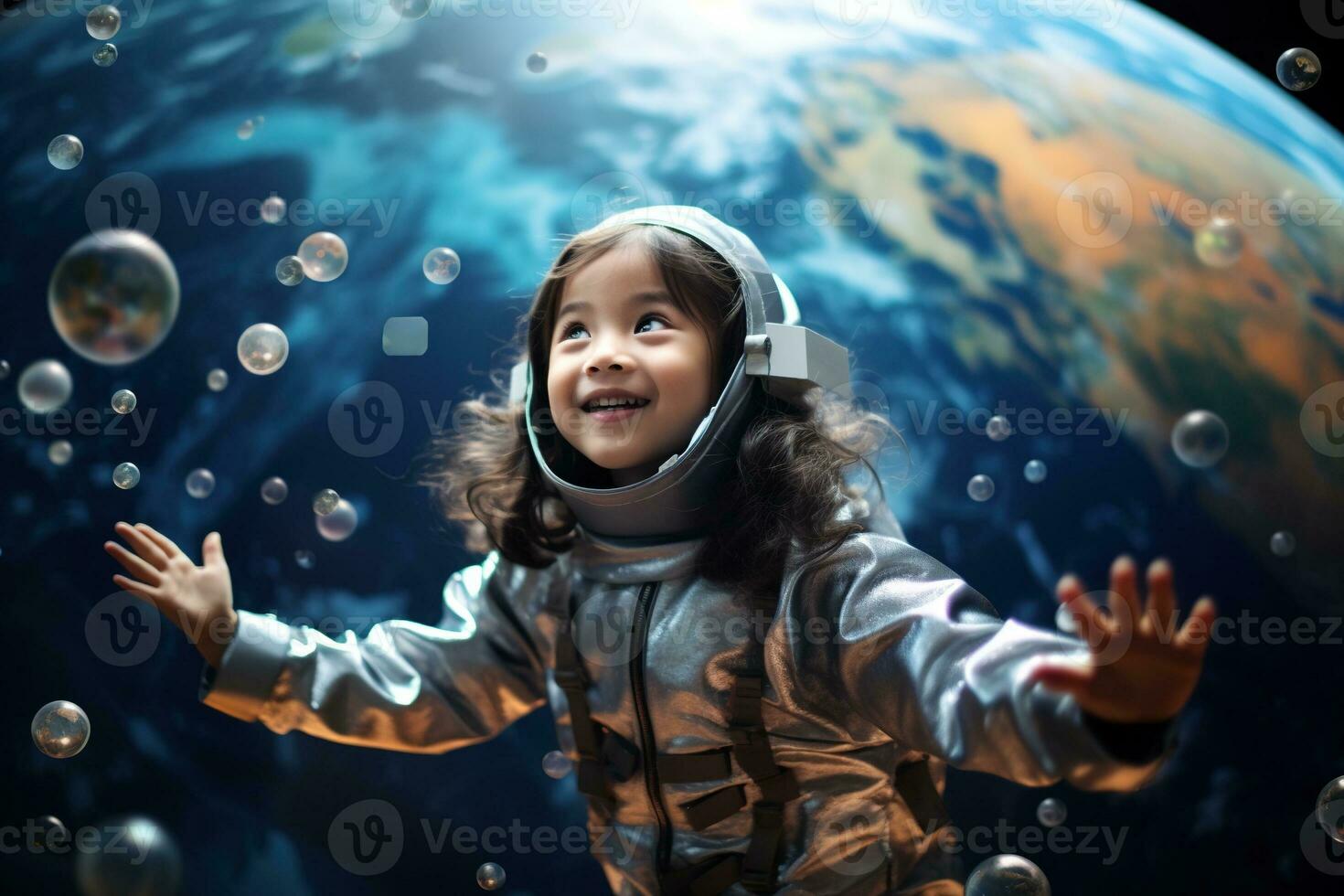 ai gerado retrato do pequeno ásia menina vestindo astronauta capacete dentro a espaço foto