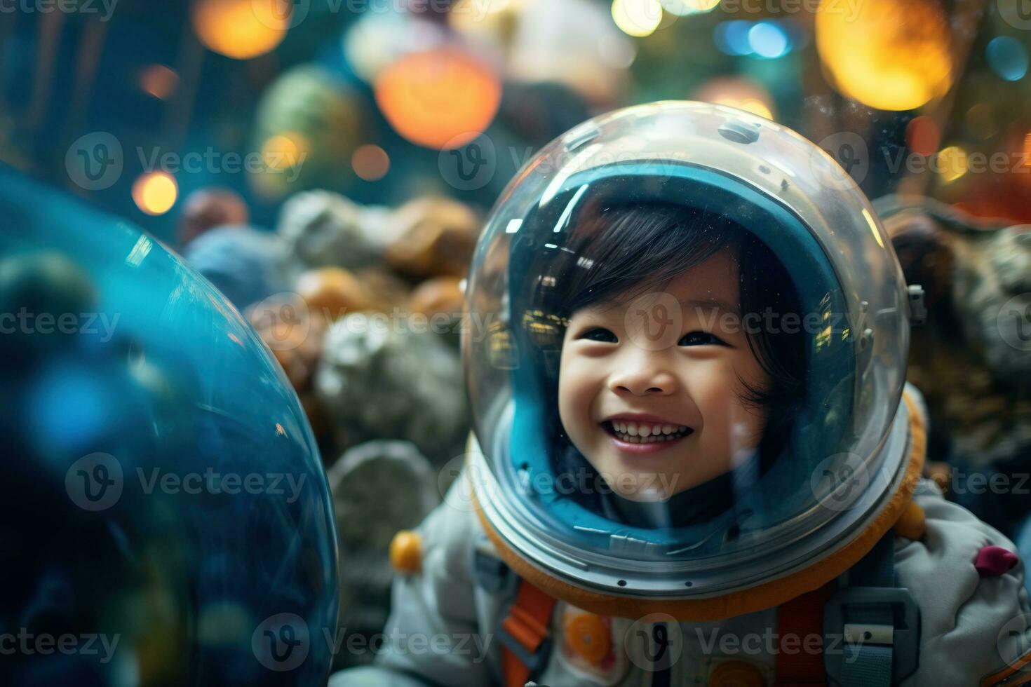 ai gerado retrato do pequeno ásia menina vestindo astronauta capacete dentro a espaço foto