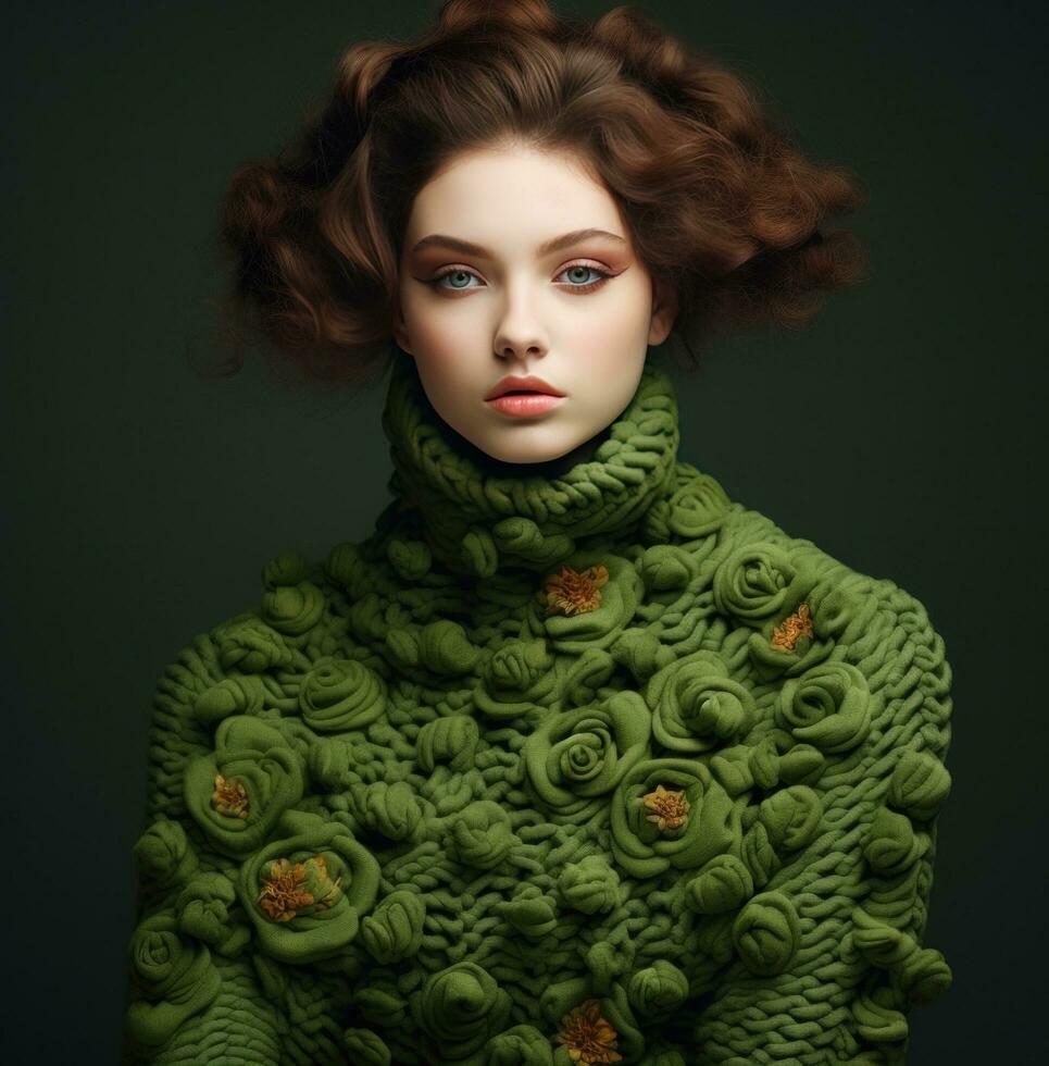 ai gerado a lindo jovem mulher dentro uma verde lã gola alta suéter, foto