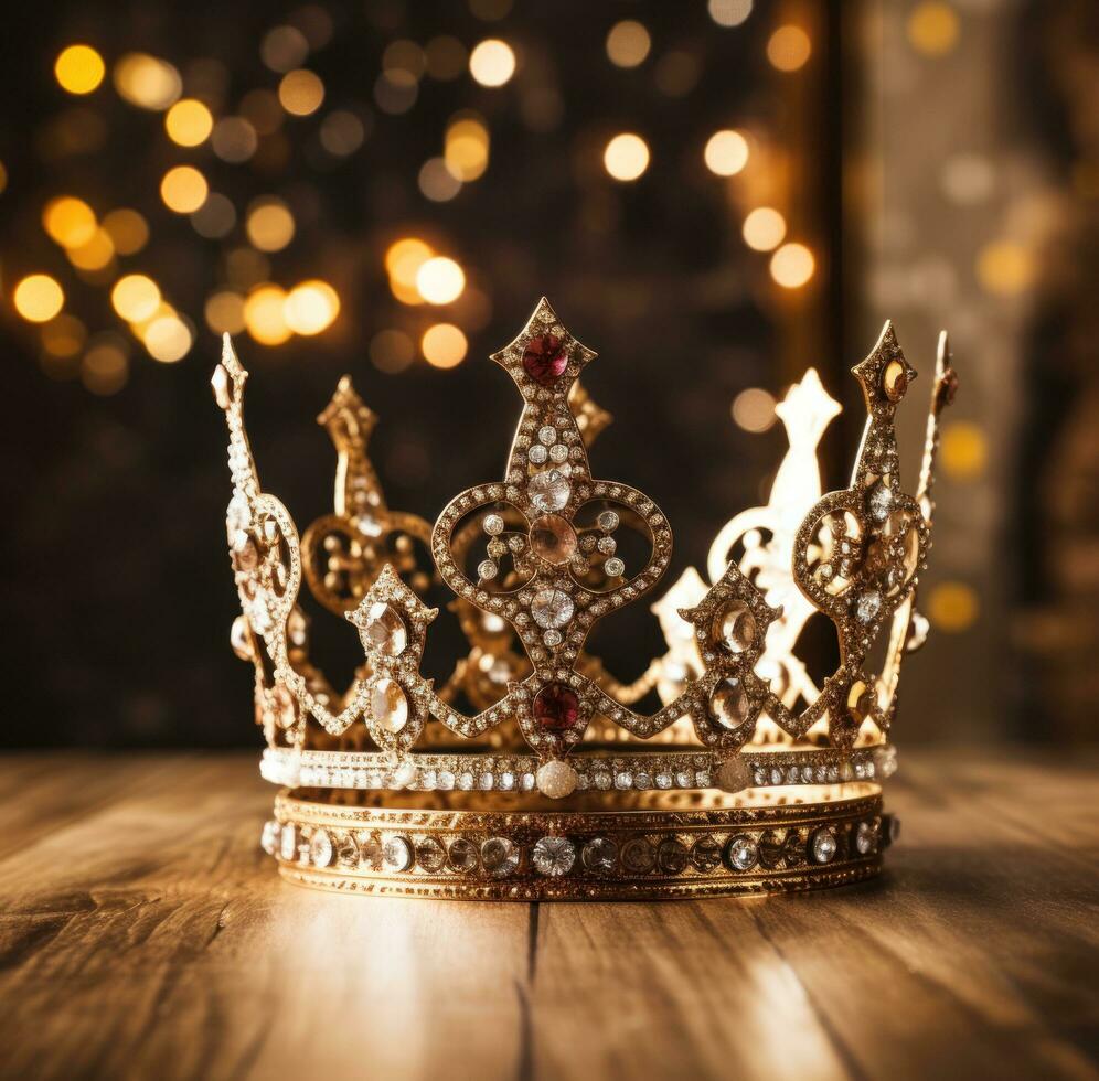 ai gerado uma coroa, ou uma do rei coroa, senta em uma mesa com diamante brilhos, foto