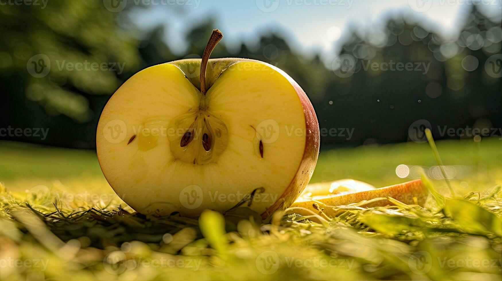 ai gerado retrato fatia maçã em a campo ai generativo foto