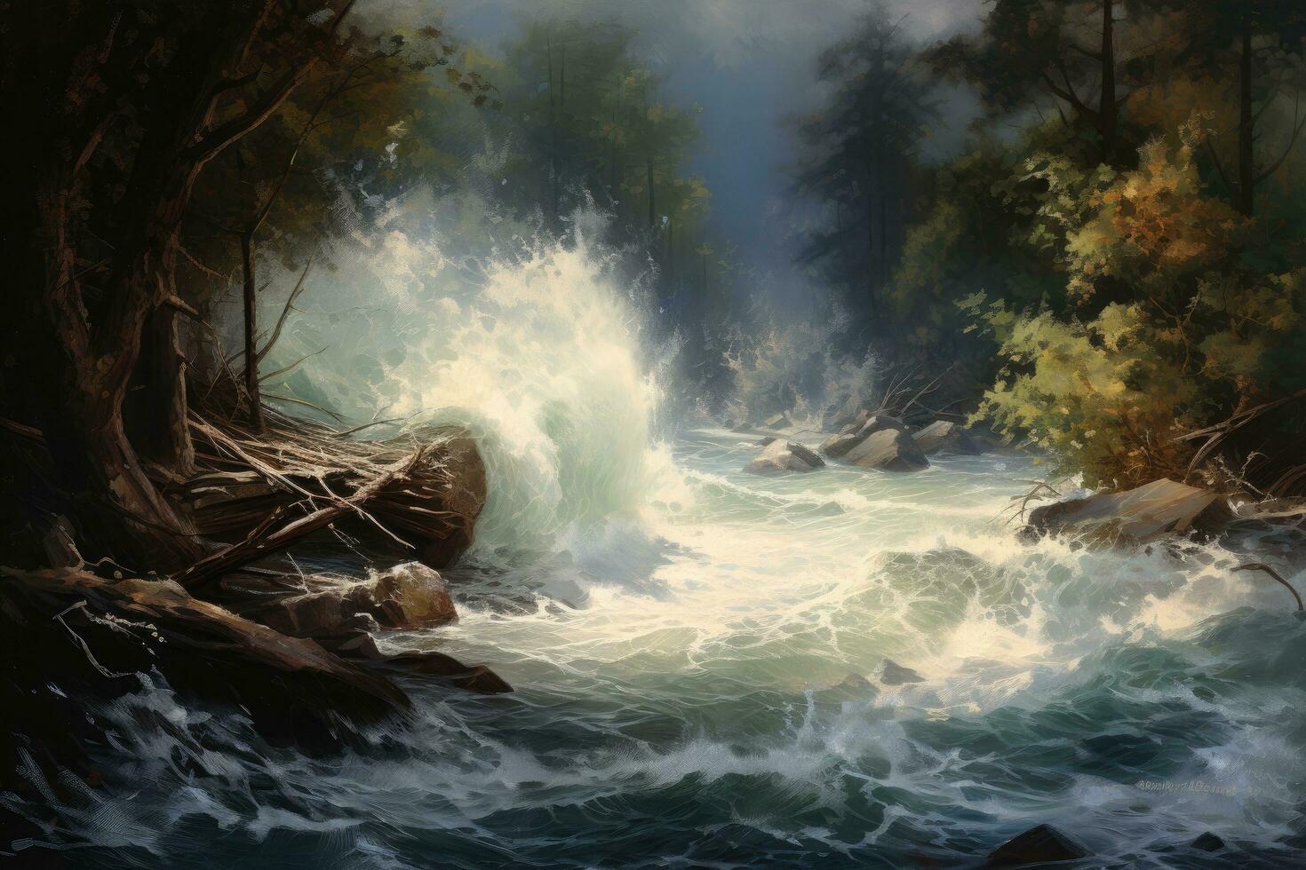 ai gerado cascata dentro a floresta, digital pintura, computador gráficos, ilustração, impressionismo pintura representando uma maré onda e bosque colidindo dentro natureza, ai gerado foto