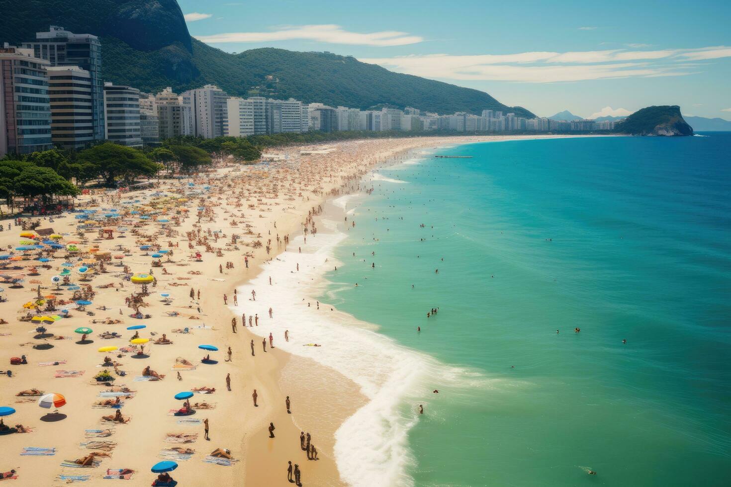 ai gerado de praia dentro a cidade do Copacabana, rio de janeiro, brasil, Copacabana de praia dentro rio de janeiro, brasil, Copacabana de praia é a a maioria famoso de praia do rio de janeiro, brasil, ai gerado foto