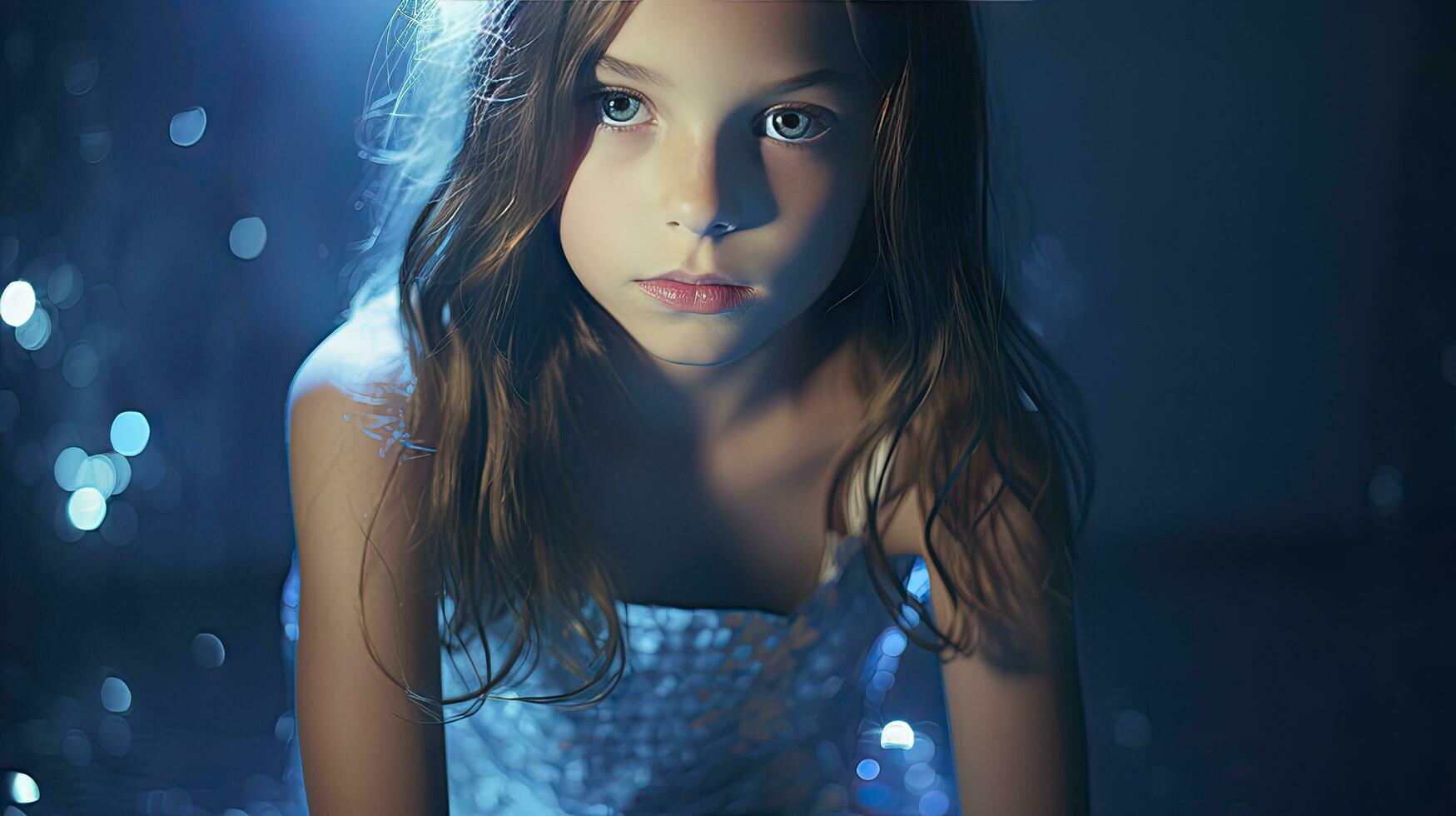ai gerado fechar-se foto do uma lindo menina dentro azul com luzes