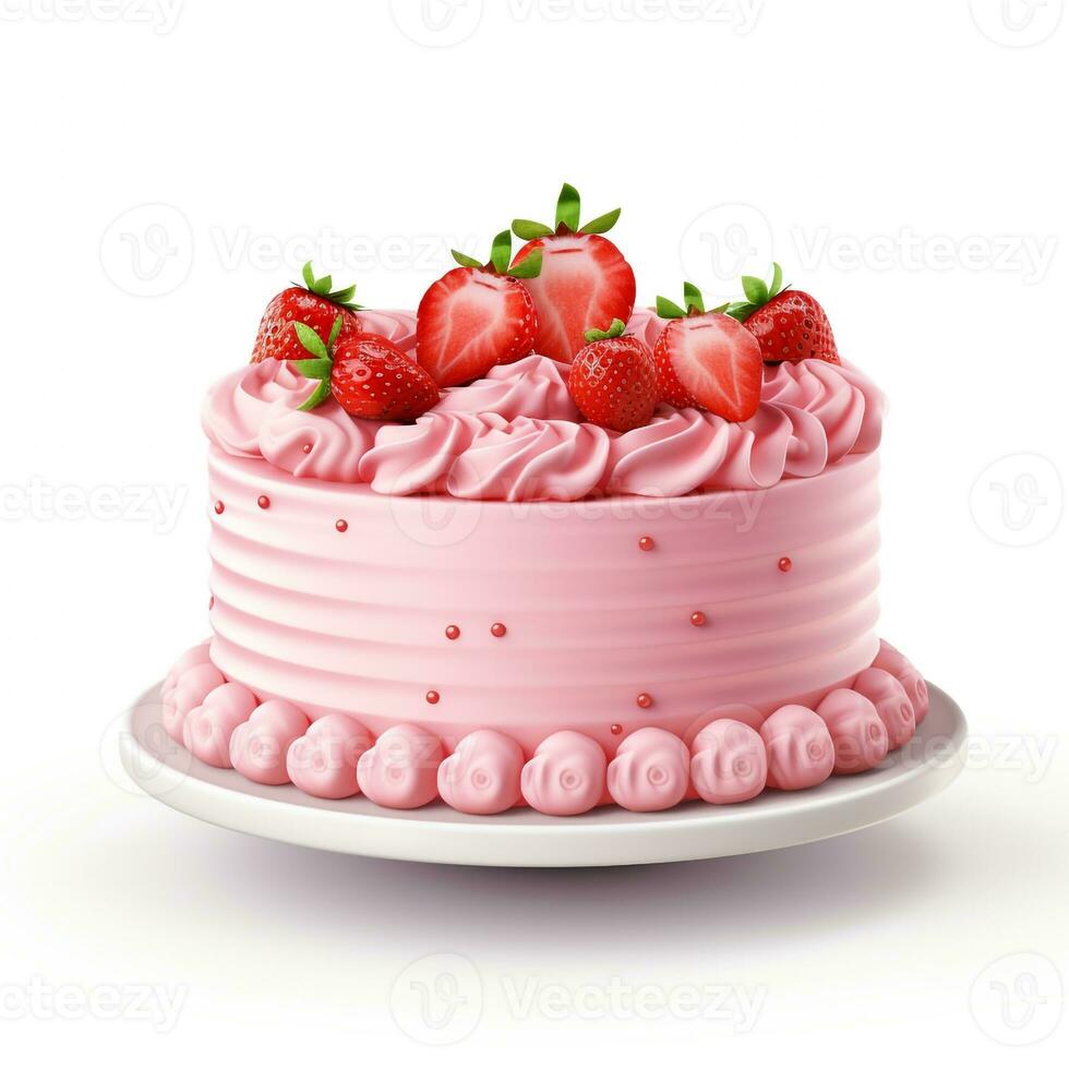ai gerado Rosa aniversário bolo em branco fundo, morango por aí a bolo, foto