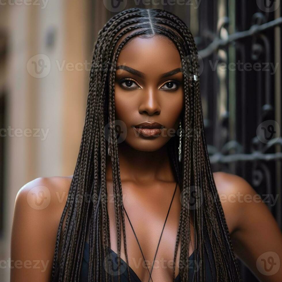 ai gerado africano em linha reta penteados para mulheres melhor Penteado, grandes tranças foto