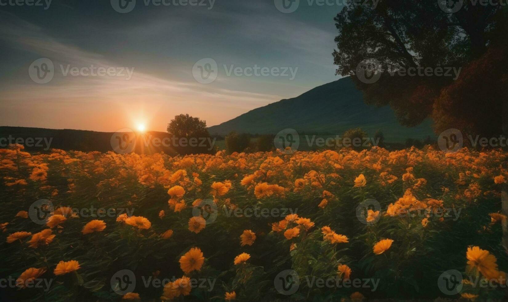 ai gerado lindo do pôr do sol com panorama fundo foto