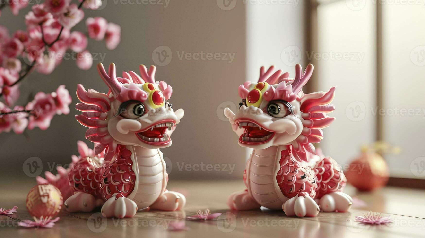 ai gerado dois adorável chinês Dragão bebês, a comemorar a chinês Novo ano festival, com Rosa balanças e feliz expressões, 3d Projeto. foto