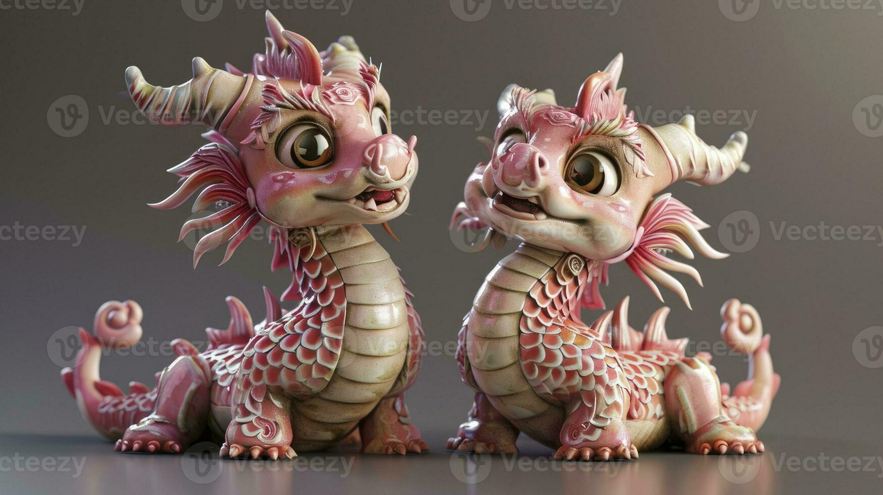 ai gerado dois adorável chinês Dragão bebês, a comemorar a chinês Novo ano festival, com Rosa balanças e feliz expressões, 3d Projeto. foto