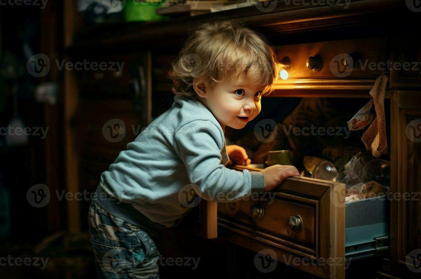 ai gerado determinado criança explorando cozinha gaveta. gerar ai foto