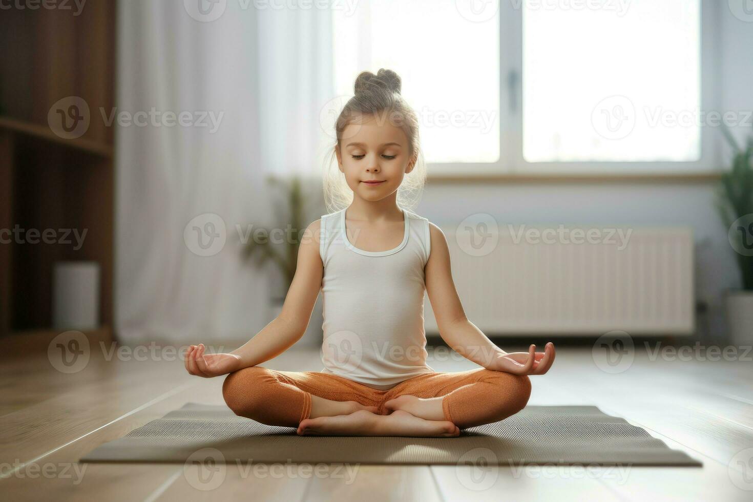 ai gerado disciplinado pequeno menina ioga pose em chão esteira. gerar ai foto