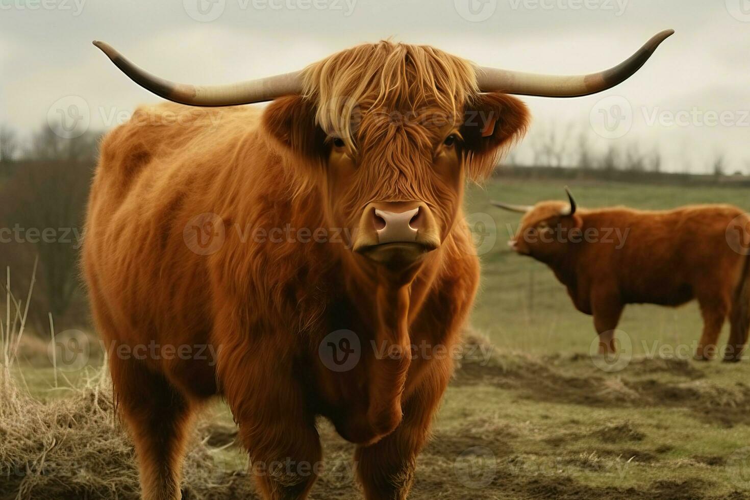 ai gerado terras altas Castanho peludo gado vaca. gerar ai foto