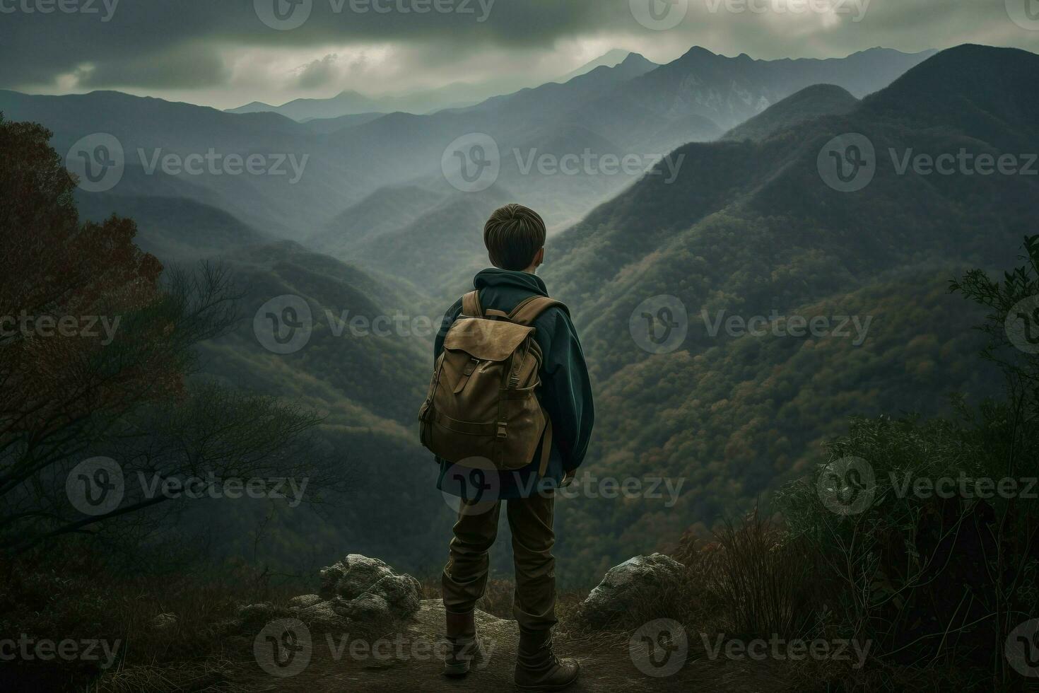 adolescente caminhante cenário Visão do verde colinas natureza. gerar ai foto