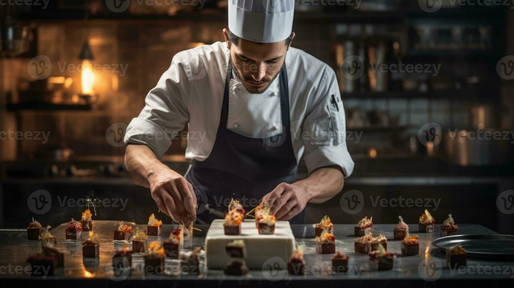 ai gerado chefe de cozinha preparando uma gourmet sobremesa dentro a aberto cozinha foto