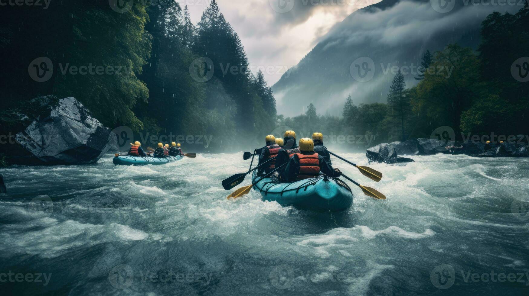 ai gerado grupo do Viajantes caiaque baixa uma tormentoso rio foto