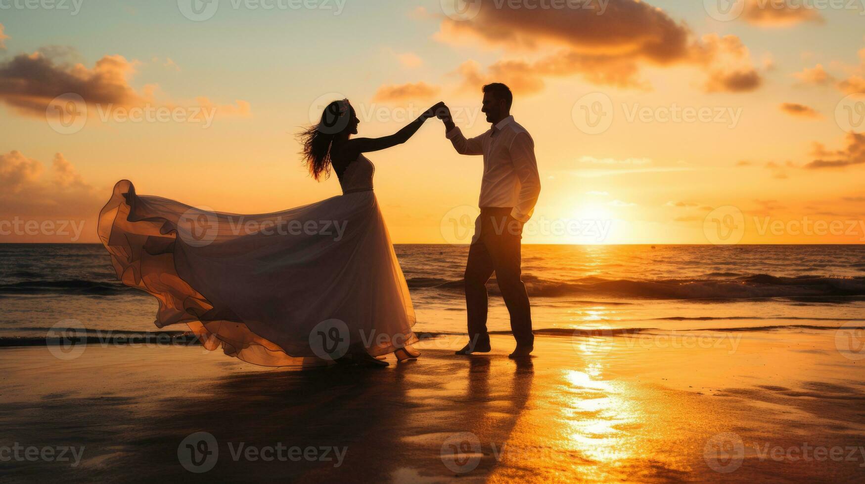 ai gerado feliz casal a comemorar Casamento cerimônia em a praia, luxuoso pôr do sol foto