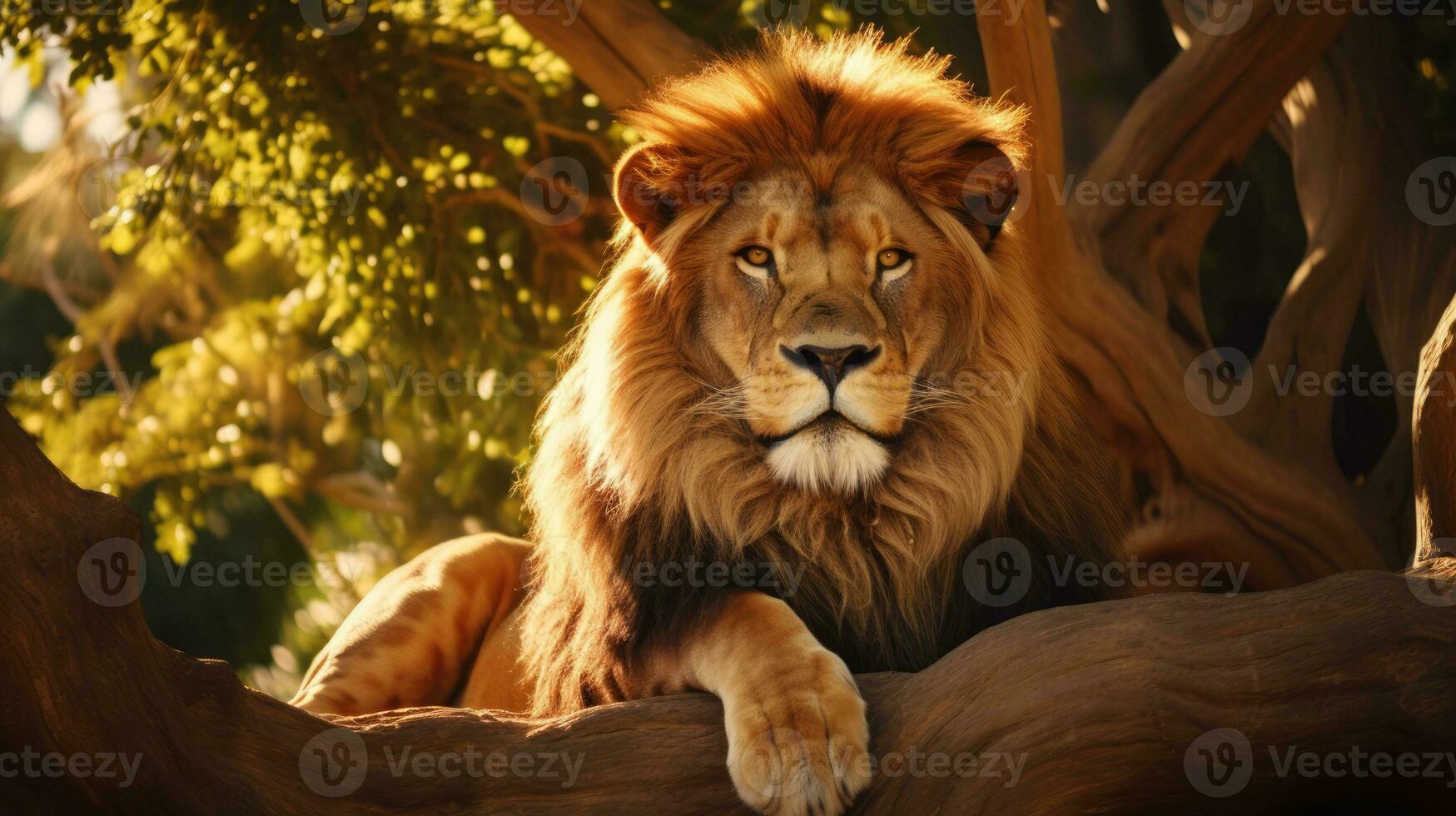 ai gerado leão descansos dentro a sombra do árvores, majestosamente levantamento dele território foto
