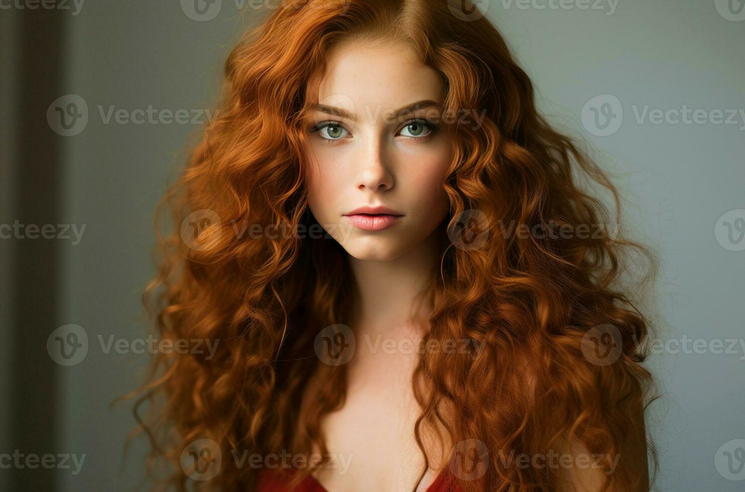 ai gerado fogosa grandes encaracolado vermelho cabelo garota. gerar ai foto