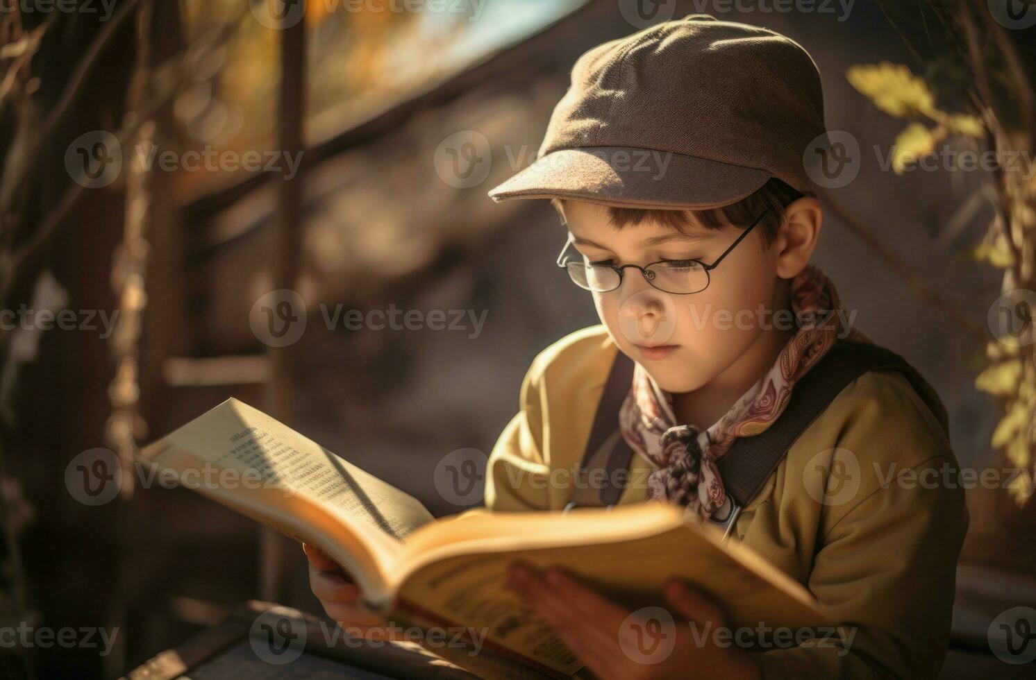 ai gerado jovem criança com óculos lendo livro ar livre. gerar ai foto