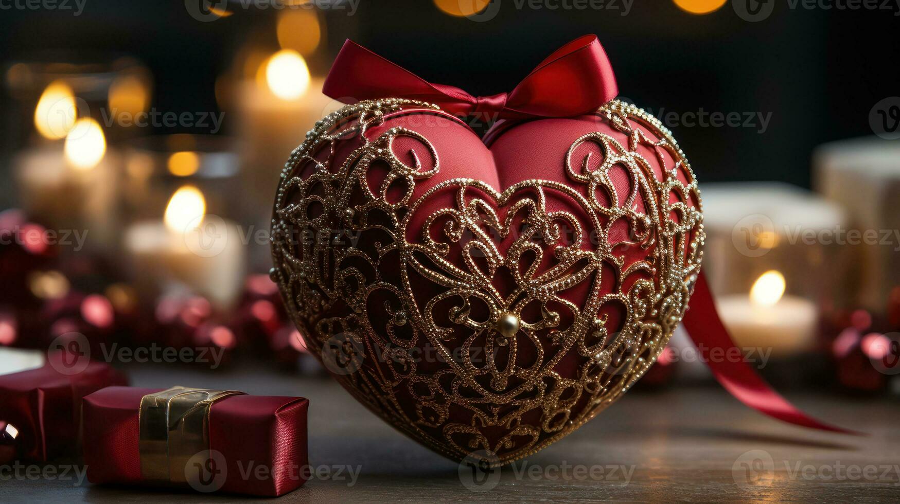 ai gerado romântico vermelho em forma de coração presente caixa com ouro padronizar e fita foto
