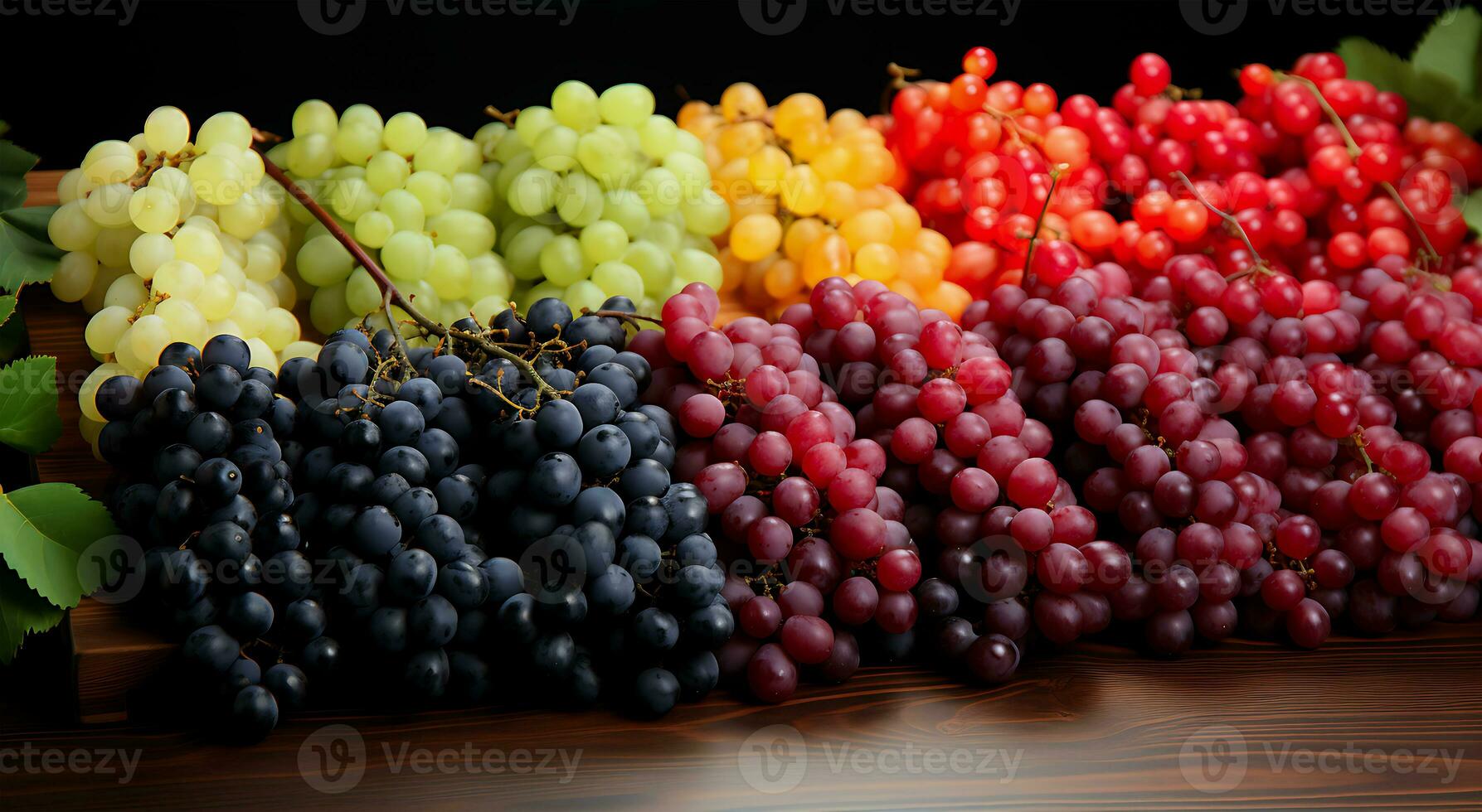 ai gerado diferente colori uvas em de madeira mesas que estão muito saboroso e doce frutas foto